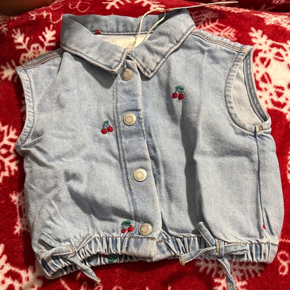 Zara Kids Light Blue Cherry Embroidered Denim Vest